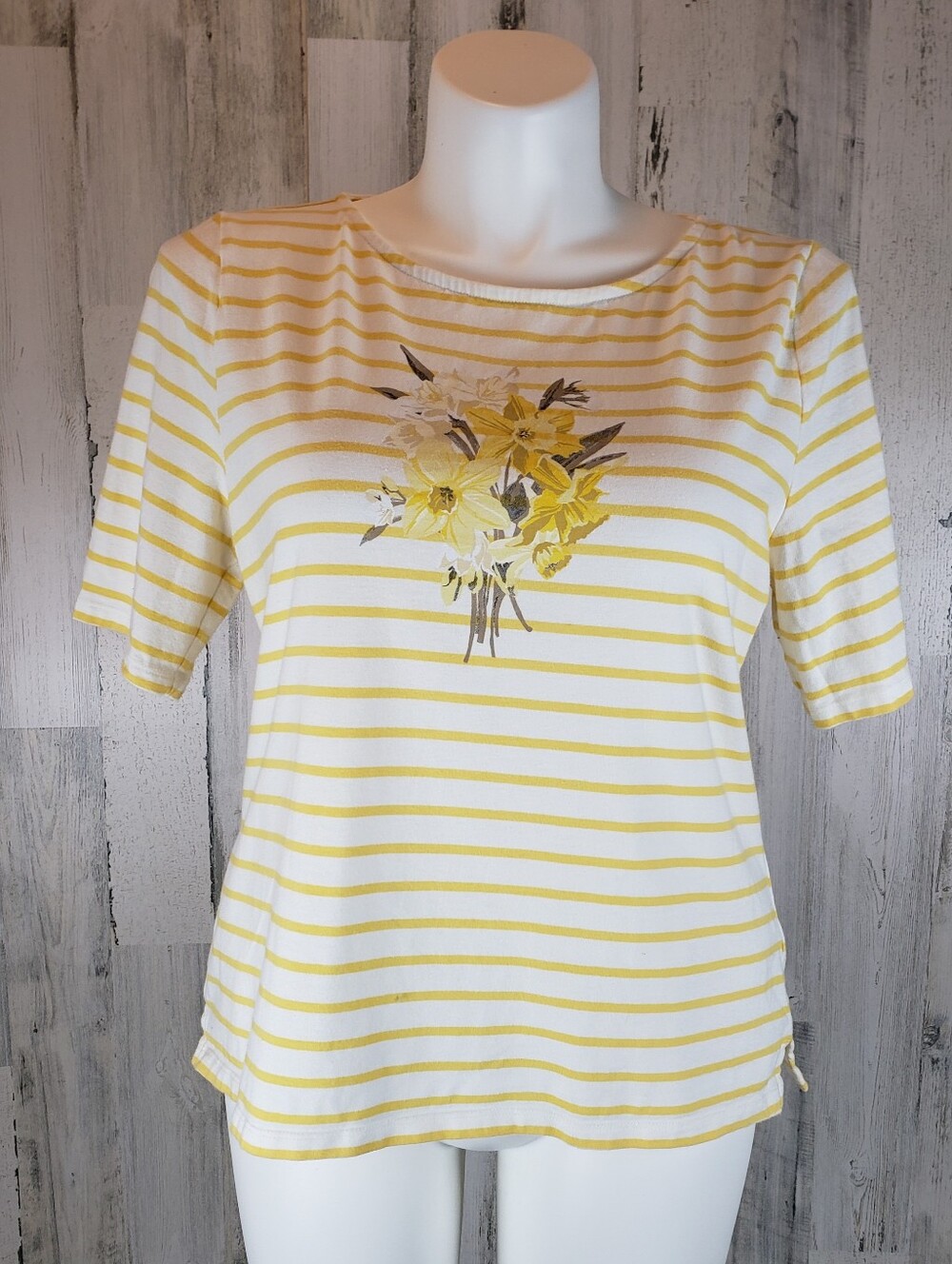Talbots Yellow & White Striped Short Sleeve Floral Tee Size XL
